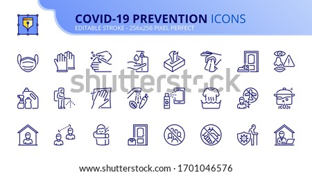 Outline icons about Coronavirus prevention.  Clean and disinfect, sanitizer products, wash your hands, wear mask and social distancing. Editable stroke. Vector - 256x256 pixel perfect. Foto stock © 