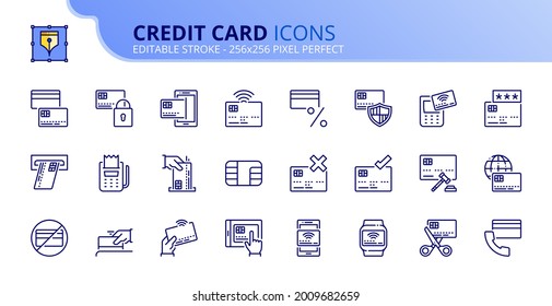 Outline icons about credit card. Finances concept. Contains such icons as payment, chip, swipe magnetic, tap card and contactless. Editable stroke Vector 256x256 pixel perfect