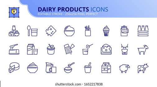 Outline icons about dairy products. Milk, yogurt, cheese, cream and butter. Editable stroke. Vector - 256x256 pixel perfect.