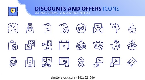 Outline icons about discounts and offers. Shopping Contains such icons as coupon, voucher, flash sale, shopping bag, and labels.. Editable stroke Vector 256x256 pixel perfect