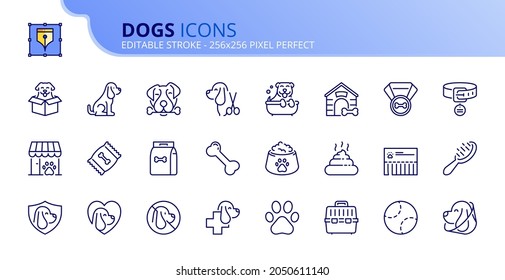 Outline Icons About Dogs. Pets. Contains Such Icons As Vet, Health Care, Supplies, Food And Insurance. Editable Stroke Vector 256x256 Pixel Perfect