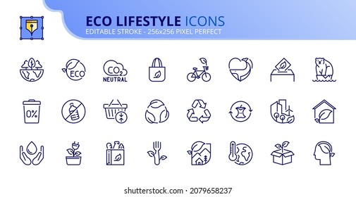 Outline icons about eco lifestyle. Ecology concept. Contains such icons as CO2 neutral, zero waste, use bike, green energy and global warming. Editable stroke Vector 256x256 pixel perfect