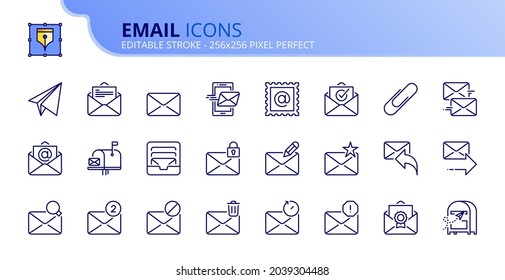 Outline icons about email. Technology and communication concept. Contains such icons as mail, inbox, reply, edit, send and mailbox. Editable stroke Vector 256x256 pixel perfect