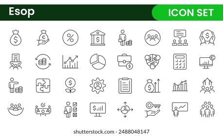 Outline icons about ESOP employee stock ownership plan. Contains such icons as company, win-win, scheme and benefits.