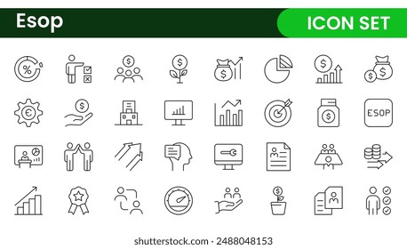 Outline icons about ESOP employee stock ownership plan. Contains such icons as company, win-win, scheme and benefits.