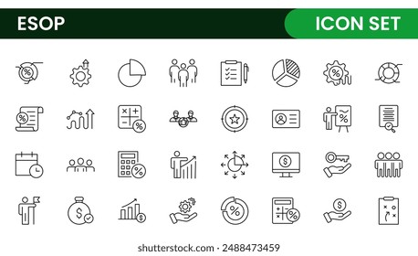 Outline icons about ESOP employee stock ownership plan. Contains such icons as company, win-win, scheme and benefits.