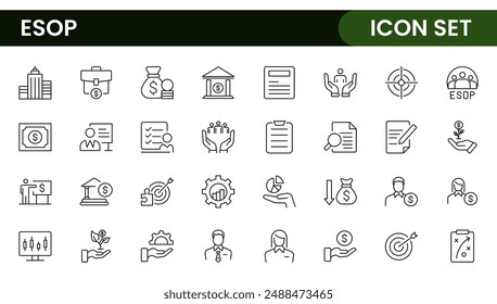 Iconos de esquema sobre el Plan de propiedad de acciones de los empleados de ESOP. Contiene iconos como compañía, ganar-ganar, esquema y beneficios.