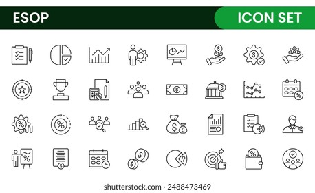 Outline icons about ESOP employee stock ownership plan. Contains such icons as company, win-win, scheme and benefits.