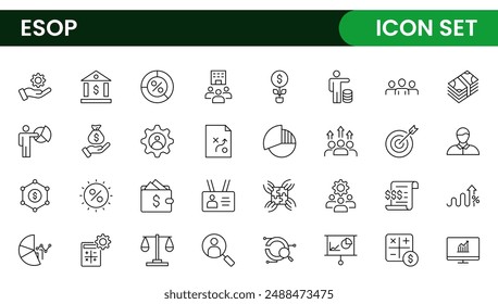 Outline icons about ESOP employee stock ownership plan. Contains such icons as company, win-win, scheme and benefits.