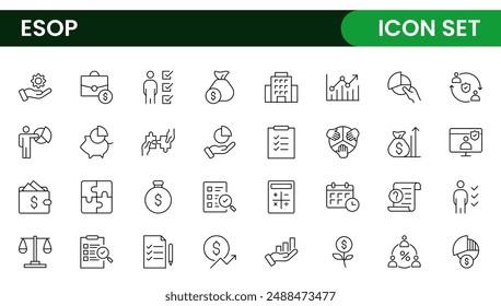 Iconos de esquema sobre el Plan de propiedad de acciones de los empleados de ESOP. Contiene iconos como compañía, ganar-ganar, esquema y beneficios.