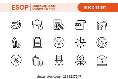 Outline icons about ESOP employee stock ownership plan. Contains such icons as company, win-win, scheme and benefits.
