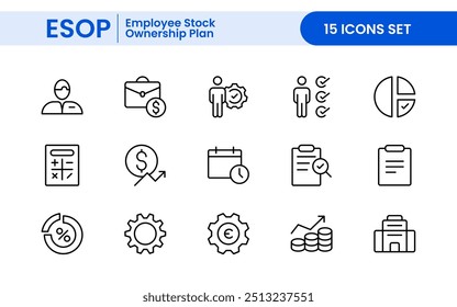 Outline icons about ESOP employee stock ownership plan. Contains such icons as company, win-win, scheme and benefits.