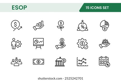 Outline icons about ESOP employee stock ownership plan. Contains such icons as company, win-win, scheme and benefits.