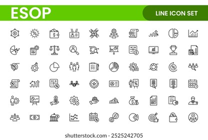 Outline icons about ESOP employee stock ownership plan. Contains such icons as company, win-win, scheme and benefits.