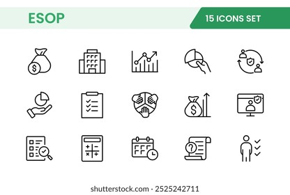Outline icons about ESOP employee stock ownership plan. Contains such icons as company, win-win, scheme and benefits.
