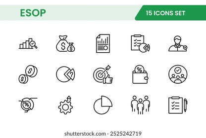 Outline icons about ESOP employee stock ownership plan. Contains such icons as company, win-win, scheme and benefits.