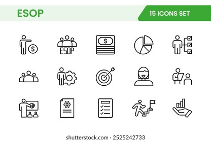 Outline icons about ESOP employee stock ownership plan. Contains such icons as company, win-win, scheme and benefits.