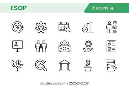 Descrever ícones sobre o plano de propriedade de estoque do funcionário ESOP. Contém ícones como empresa, win-win, esquema e benefícios.