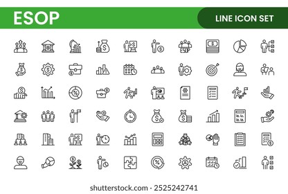 Outline icons about ESOP employee stock ownership plan. Contains such icons as company, win-win, scheme and benefits.