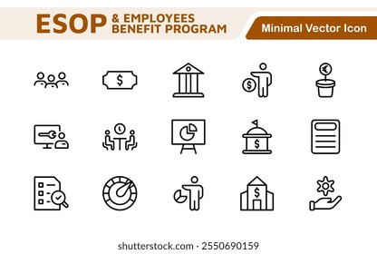 Outline icons about ESOP employee stock ownership plan. Contains such icons as company, win-win, scheme and benefits.