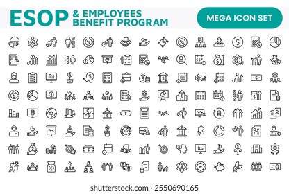 Outline icons about ESOP employee stock ownership plan. Contains such icons as company, win-win, scheme and benefits.