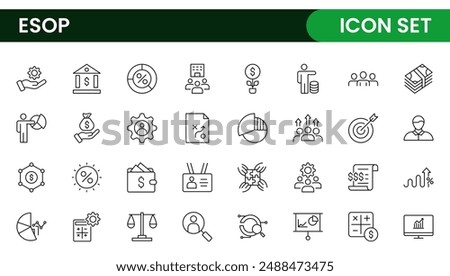 Outline icons about ESOP employee stock ownership plan. Contains such icons as company, win-win, scheme and benefits.