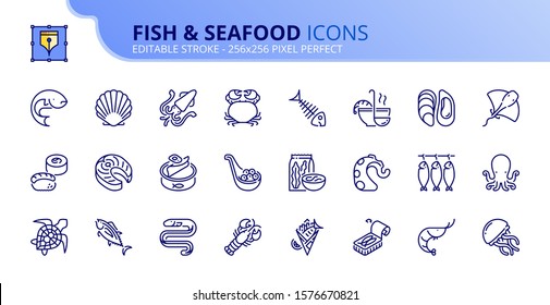 Outline icons about fish and seafood.  Editable stroke. Vector - 256x256 pixel perfect.