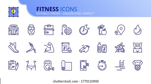 Outline icons about fitness. Healthcare. Contains such icons as gym, training, sports, running, diet, body building, yoga and equipment. Editable stroke Vector 256x256 pixel perfect