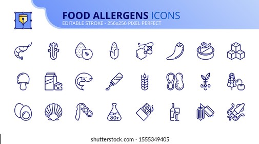 Outline icons about food allergens. Food and drink.  Editable stroke. Vector - 256x256 pixel perfect.