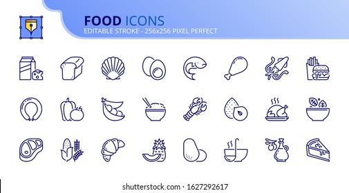 Outline Icons About Food. Fruit And Vegetables. Protein, Meat, Seafood, Dairy, Nuts, Eggs And Legumes. Grain. Fast Food, Desserts And Sugar Products. Editable Stroke. Vector - 256x256 Pixel Perfect.