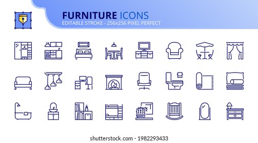 Outline icons about furniture. Contains such icons as bedroom, kitchen, dinning room, living room, workspace, toilet and garden. Editable stroke Vector 256x256 pixel perfect