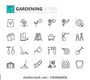 Outline icons about gardening. Editable stroke. 64x64 pixel perfect.