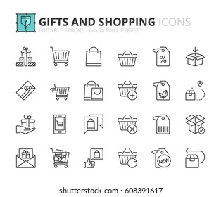 Outline icons about gifts and shopping. Editable stroke. 64x64 pixel perfect.