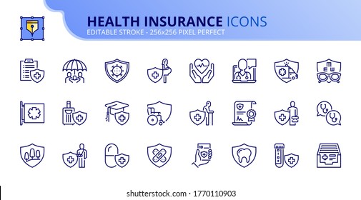 Outline icons about health insurance. Contains such icons as family protection, accident, vision and dental insurance, diagnostic and hospitalization. Editable stroke Vector 256x256 pixel perfect