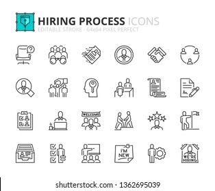 Outline icons about hiring process. Human resources concept. Editable stroke. 64x64 pixel perfect.