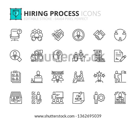 Outline icons about hiring process. Human resources concept. Editable stroke. 64x64 pixel perfect.