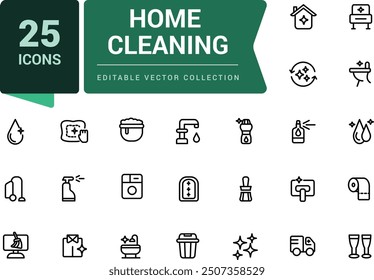 Outline icons about home cleaning. Contains such icons as cleaning and sanitizer products. Minimalistic web and UI icon. Outline icons collection.