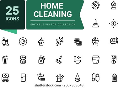 Outline icons about home cleaning. Contains such icons as cleaning and sanitizer products. Minimalistic web and UI icon. Outline icons collection.