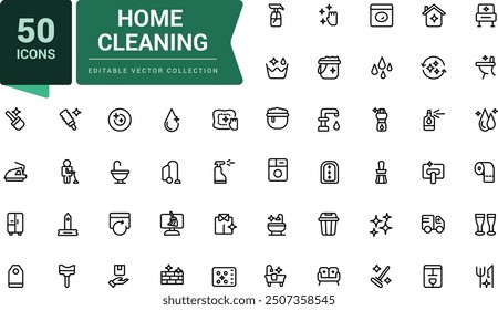 Esquema de iconos sobre la limpieza del hogar. Contiene iconos como productos de limpieza y desinfectante. Web minimalista e icono de interfaz de usuario. Colección de iconos de contorno.