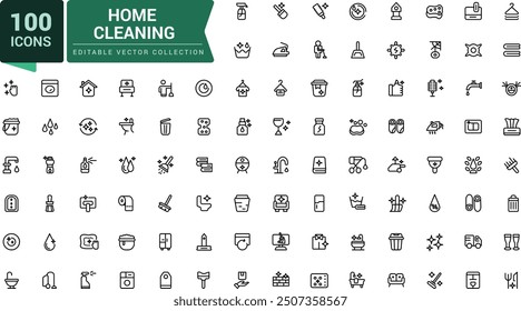 Outline icons about home cleaning. Contains such icons as cleaning and sanitizer products. Minimalistic web and UI icon. Outline icons collection.