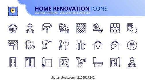Outline icons about home renovation. Contains such icons as repair, tools, building materials, worker, sanitary, carpentry, architecture  and decor. Editable stroke Vector 256x256 pixel perfect - Shutterstock ID 2103819242