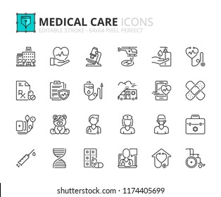 Outline Icons About Hospital And Medical Care. Editable Stroke. 64x64 Pixel Perfect.