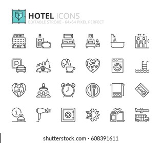 Outline icons about hotel. Editable stroke. 64x64 pixel perfect.