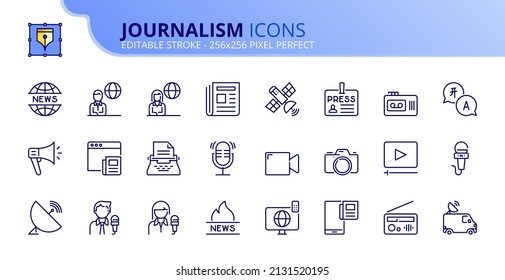 Outline Icons  About Journalism. Contains Such Icons As Communication, News, Tv, Radio, Newspaper, Digital Media And Journalist. Editable Stroke Vector 256x256 Pixel Perfect