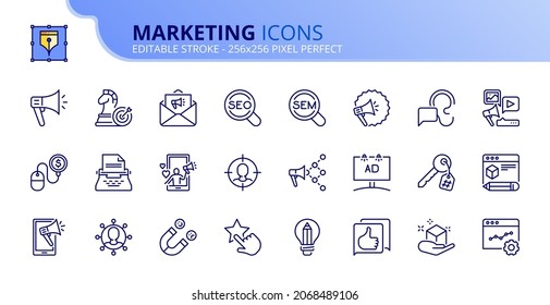 Umrisse der Symbole für Marketing. Kommunikationskonzept. Enthält solche Symbole wie Werbung, Copywriting, Blogging, Social Media, SEO und SEM. Bearbeitbarer Strich Vector 256x256 Pixel perfekt