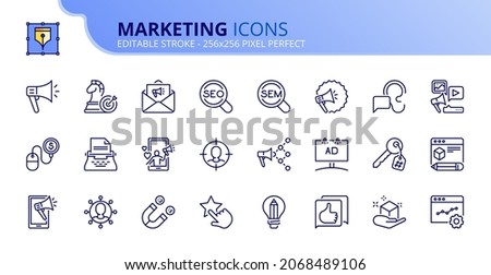 Outline icons about marketing. Communication concept. Contains such icons as advertising, copywriting, blogging, social media, SEO and SEM. Editable stroke Vector 256x256 pixel perfect