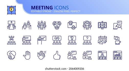 Outline icons about meeting. Business concept. Contains such icons as conference, interview, presentation, webinar, teamwork and coworking. Editable stroke Vector 256x256 pixel perfect svg