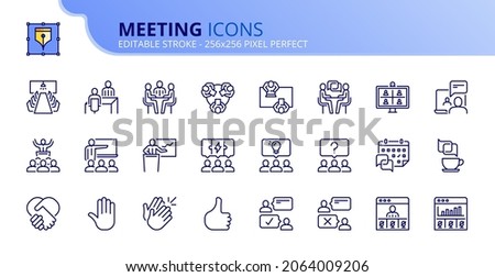 Outline icons about meeting. Business concept. Contains such icons as conference, interview, presentation, webinar, teamwork and coworking. Editable stroke Vector 256x256 pixel perfect