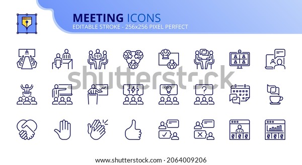 Outline icons about meeting. Business concept.\
Contains such icons as conference, interview, presentation,\
webinar, teamwork and coworking. Editable stroke Vector 256x256\
pixel perfect