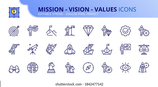 Outline icons about mission, vision and values. Business concepts. Contains such icons as businessman with binoculars, compass, spyglass, target and flag. Editable stroke Vector 256x256 pixel perfect